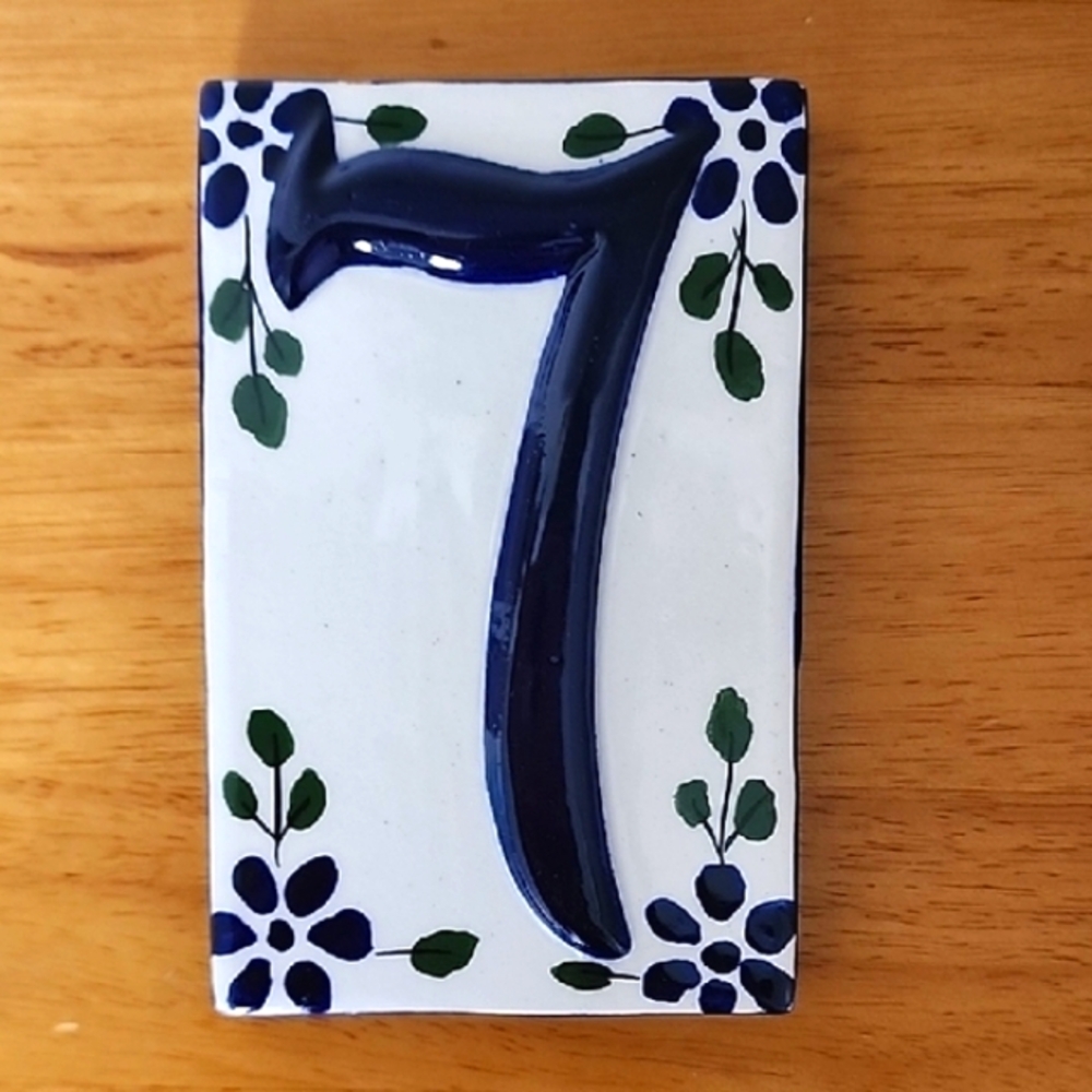 Ceramic House Number Tile with Blue Floral Design 7